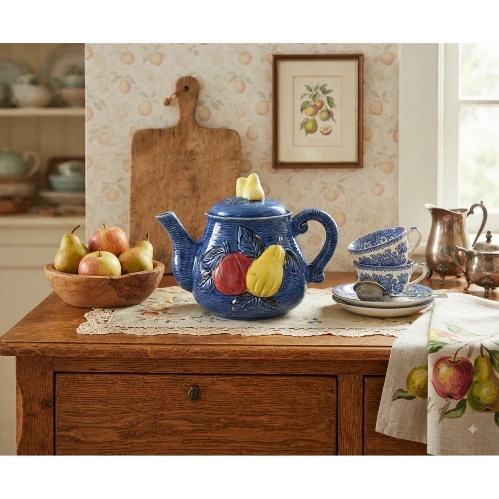 Vintage Cobalt Blue Ceramic Teapot Fruit Relief Apple Pear Made in Japan 7x8